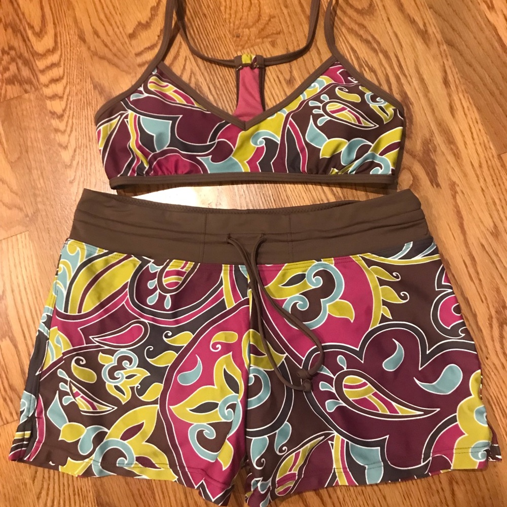 Athleta S paisley bikini top and swim short set